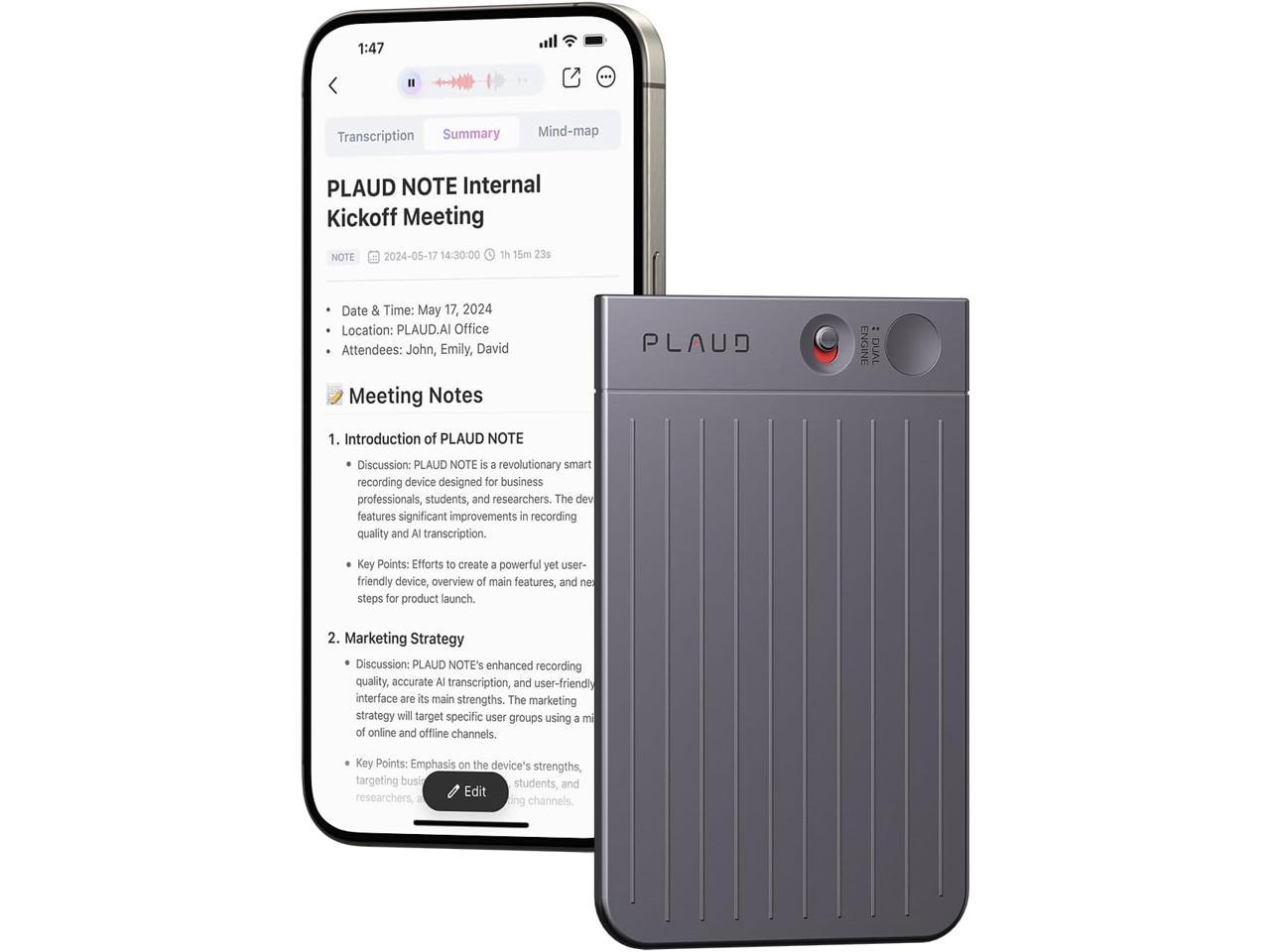 PLAUD NOTE AI Voice Recorder w/Case, App Control, Transcribe & Summarize Empowered by ChatGPT, Support 59 Languages, 64GB Memory, Audio Recorder for Lectures, Meetings, Calls (Black)