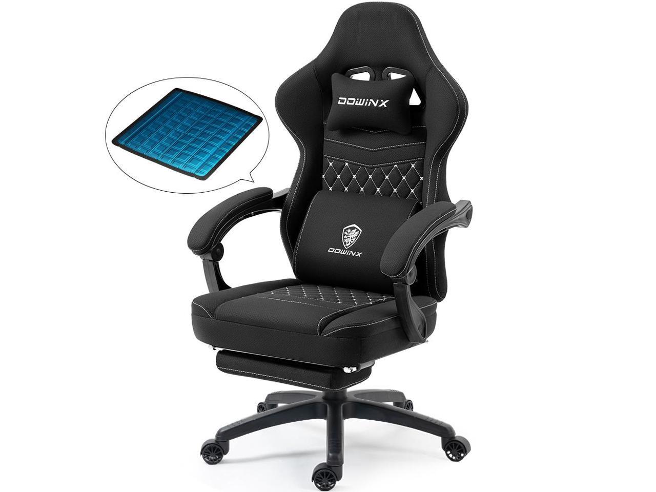 Dowinx Gaming Chair with Pocket Spring Cushion, Breathable Fabric Computer Chair with Gel Pad, Comfortable Office Chair with Storage Bag, Massage Game Chair with Footrest, Black