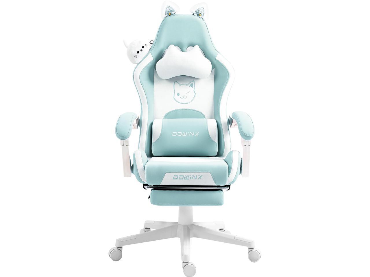 Dowinx Cute Cat-Ear Gaming Chair with Massaging Lumbar Support, Ergonomic Computer Gaming Chair for Girl and Adults, Reclining Comfort Game Chair with Footrest, Blue