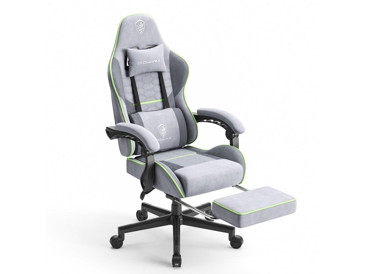 Dowinx Fabric Gaming Chair with Pocket Spring Cushion, Ergonomic Computer Chair with Footrest, Cloth Gamer Chair with Massage Lumbar Support and Headrest, Green and Grey