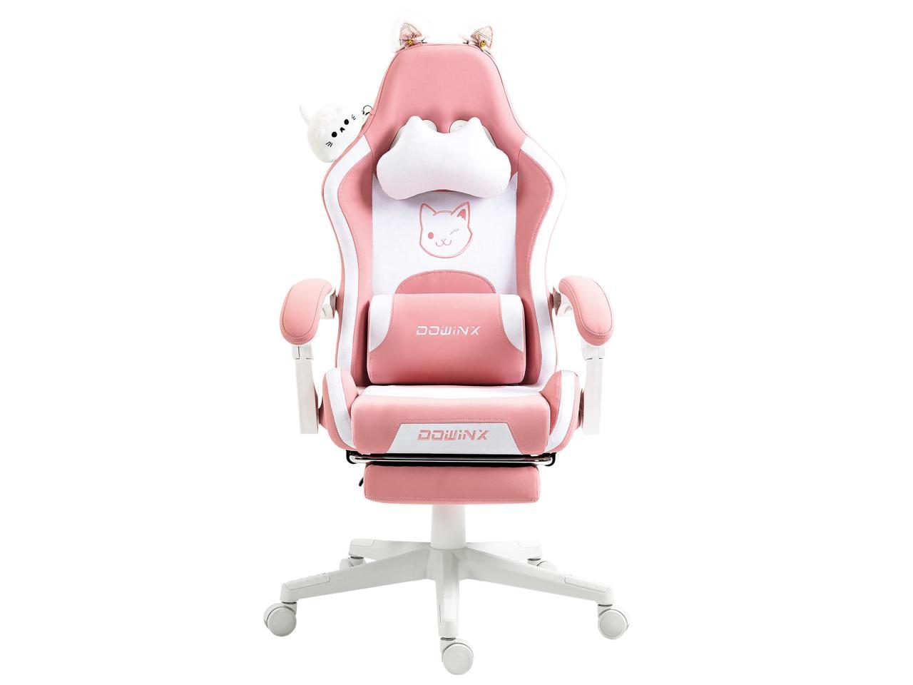 Dowinx Cute Cat-Ear Gaming Chair with Massaging Lumbar Support, Ergonomic Computer Gaming Chair for Girl and Adults, Reclining Comfort Game Chair with Footrest, Pink